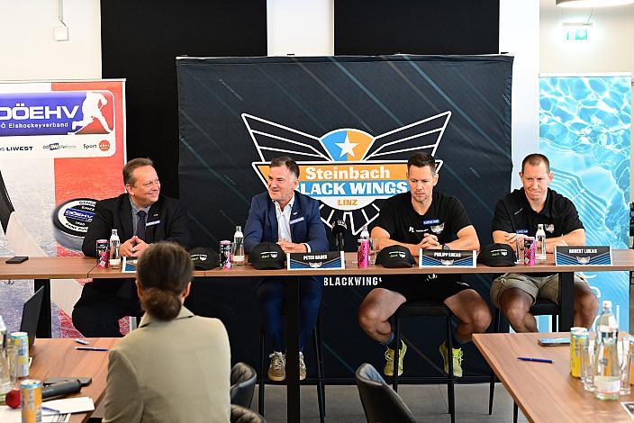 v.l. Präsident OÖ Eishockeyverband Christian Ladberg  , Präsident Peter Nader (Steinbach Black Wings Linz), Head Coach Philipp Lukas (Steinbach Black Wings Linz), Robert Lukas (Nachwuchsleiter Black Wings Linz)Ligastart Pressekonferenz Steinbach Black Wings Linz , Linz AG Eisarena