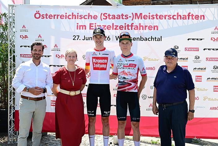 Trikots Road Cycling League Philipp Hofbauer (AUT, Team Vorarlberg), Valentin Poschacher (AUT, Hrinkow Advarics), Harald J. Mayer (ÖRV, Präsident Österreichischer Radsportverband, Cycling Austria), Österreich Staatsmeisterschaft, Einzel - Zeitfahren, ÖSTM EZF Weißenbachtal - OÖ