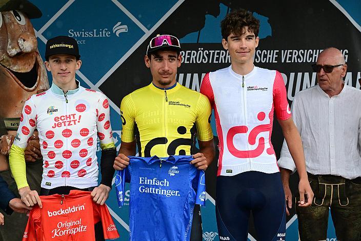 Im Bergtrikot Michael Hettegger (AUT, Öberösterreich), Gesamtsieger Elias Wändel (SWE, JEGG-Skil-DJR), Bester Junger Fahrer Jop van den Biggelaar, (NED,Willebrord Wil Vooruit), 3. Etappe,  51. Int. Oberösterreich Junioren Rundfahrt, Bad Wimsbach - Strass im Attergau