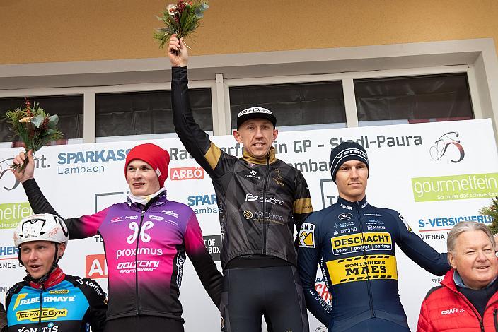 v.l. 2. Platz. Jaochim van Looveren (BEL), Sieger Marek Konwa (POL), 3. Platz Lander Loockx (BEL, Team De Stoempersclub Leuven), Rad Cyclo Cross, 12. Int Rad Querfeldein GP Pferdezentrum Austria Stadl-Paura, UCI C2,