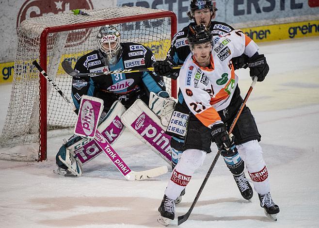 Tormann David Kickert (EHC Liwest Black Wings Linz), Troy Rutkowski (EHC Liwest Black Wings Linz), Ty Loney (Moser Medical Graz 99ers) Spiel 6, EHC Liwest Black Wings Linz - Graz 99ers, Play Offs, Viertelfinale