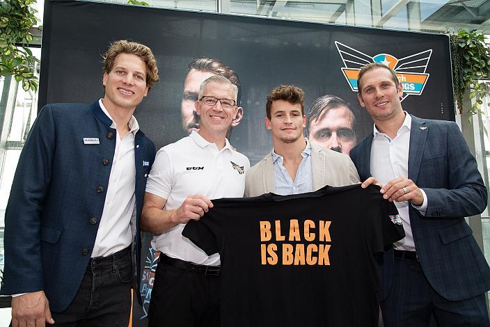v.l. Brian Lebler (Steinbach Black Wings Linz), Head Coach Dan Ceman (Steinbach Black Wings Linz), Emilio Romig (Steinbach Black Wings Linz), Manager Gregor Baumgartner (Steinbach Black Wings Linz), Pressekonferenz, Steinbach Black Wings Linz, Bet at Home ICE League 
