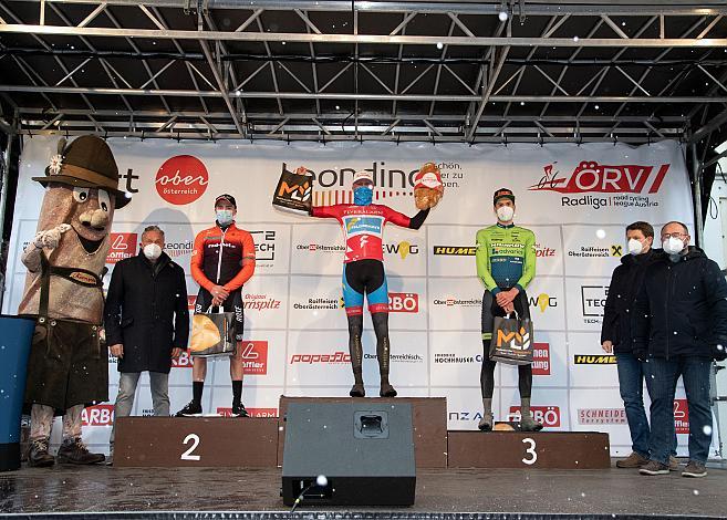 Siegerpodest, 2. Platz Birmin Benz (GER,  rad-net Rose Team), Sieger Moran Vermeulen (AUT, Team Felbermayr Simplon Wels), 3. Platz Jonas Rapp (GER, Hrinkow Advarics Cycleang),  Herren Elite, U23, Radliga, 60. Radsaison-Eröffnungsrennen Leonding, Oberösterreich