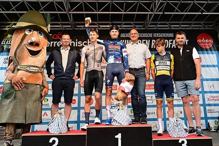 2. Platz Valentin Hofer (AUT, LRV Oberösterreich), Etappensieger Maksymilian Matyasik (POL, Soudal Quick-Step U19), 3. Platz Daan Dijkman (NED, Willebroard Wil Vooruit), 50. OÖ Junioren Rundfahrt, 2. Etappe Sarleinsbach - Sarleinsbach