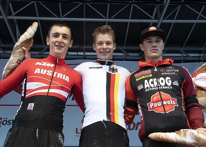 Siegerpodest v.l. 2. Platz Maximilian Schmidbauer (AUT, Team Ã–sterreich), Sieger Georg Steinhauser (GER, Deutschland), 3. Platz Enrico Dhaeye (BEL, Acrog-Pauwels Sauzen-Balen BC), 2. Etappe Rohrbach - Rohrbach, OberÃ¶sterreich Junioren Rundfahrt