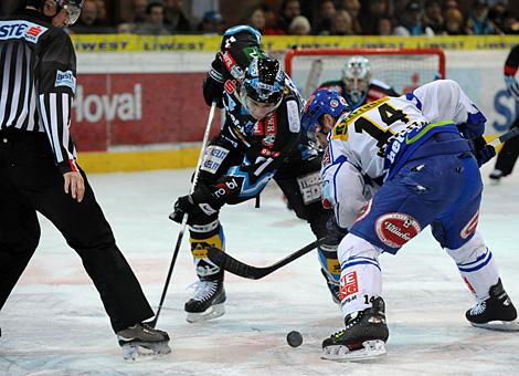 #71 Martin Grabher Meier, Liwest Black Wings Linz, beim Bully gegen die#14 Justin Mapletoft, VSV.