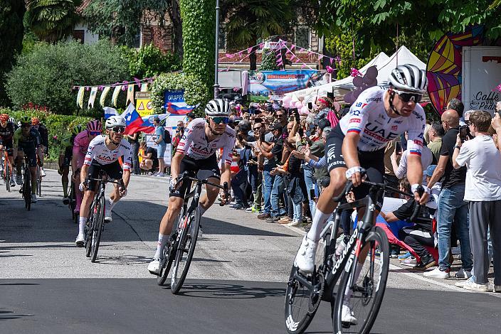 Tadej Pogacar (SLO, UAE Team Emirates) im Rosa Terikot des Gesamtführenden, hinter Rafal Majka (POL, UAE Team Emirates), Felix Grossschartner (AUT, UAE Team Emirates) des 107. Giro d Italia, Stage 20, Alpago - Bassano del Grappa, km 184