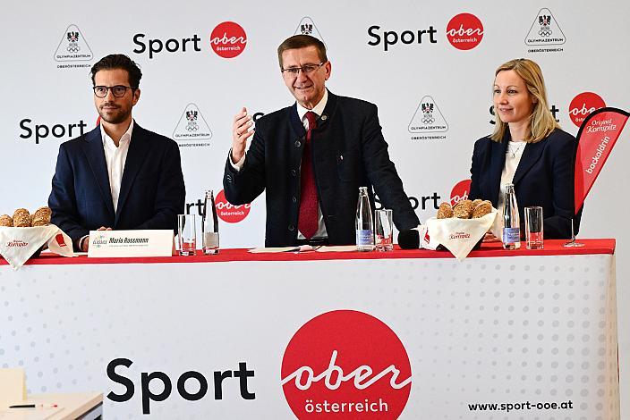 v.l. Mario Rossmann (Präsident Cycling Upper Austria, Oberösterreich), Wirtschafts- und Sport-Landesrat Markus Achleitner (Oberösterreich), Karin Leitner (Vizebürgermeisterin und Sportreferentin der Stadt Linz), Pressekonferenz Int. Raiffeisen Oberösterreich Rundfahrt (UCI Kat. 2.2), Olympiazentrum Linz