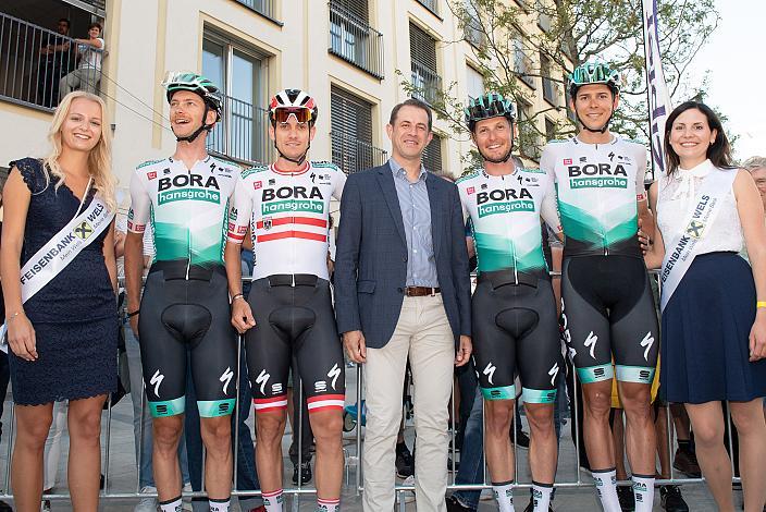 Felix Grossschartner (AUT, Bora - Hansgrohe), Patrick Konrad (AUT, Bora - Hansgrohe), Lukas Pöstlberger (AUT, Bora - Hansgrohe), Patrick Gamper (AUT, Bora - Hansgrohe) Innenstadtkriterium Wels, Radsport, Kriterium