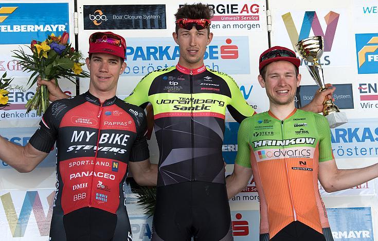 v.l. das Siegerpodest, 2. Rok Korosec (SLO, My Bike Stevens), Sieger Jannik Steimle (GER, Team Vorarlberg Santic), 3. Timon Loderer (GER, Hrinkow Advarics Cycleang) 