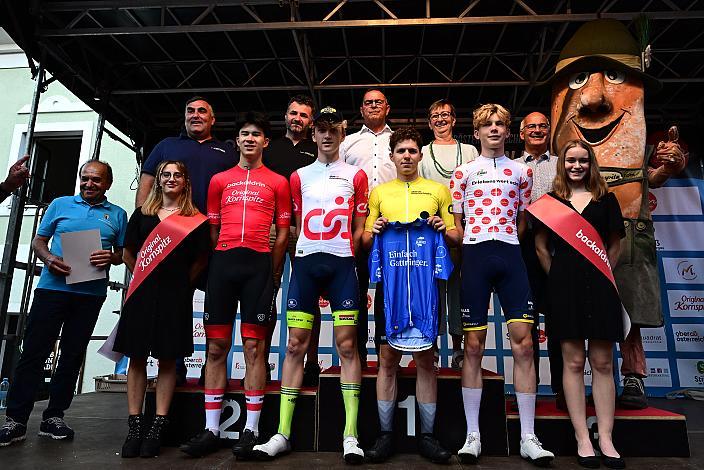 Die Trikotträger mit Heimo Fugger (AUT, Nationalteam Österreich), Luis Grupp (GER, Team Deutschland), Jasper Verbrugge (BEL, Acrog-Tormans) 2. Etappe Sarleinsbach - Sarleinsbach, Int. Oberösterreichische Versicherung OÖ Junioren Oberösterreich Rundfahrt