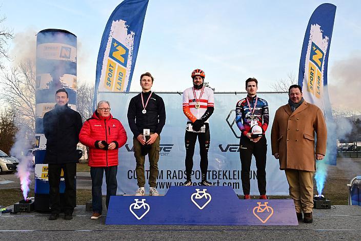 Podest Herren 2. Platz Lukas Hatz (AUT, ARBÖ Radrennteam Graz), Sieger Gregor Raggl (AUT, jb BRUNEX Superior Factory Racing) , 3. Platz Dominik Hödlmoser (AUT, Team Felt - Felbermayr), 3. Platz Adrian Stieger (AUT, Hrinkow Advarics), Rad Cyclo Cross, ÖSTM/ÖM Querfeldein, Ciclo Cross, Cycling Austria, Maria Enzersdorf, NÖ