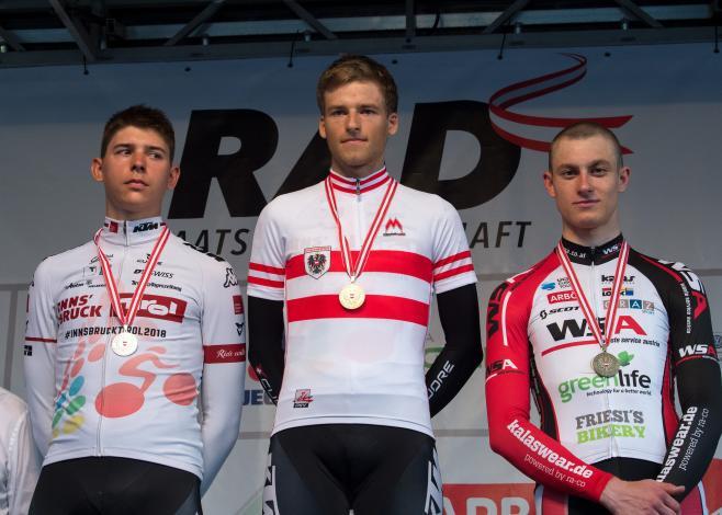 v.l. Patrick Gamper (AUT, Tirol Cycling Team)  , Markus Freiberger (AUT, Tirol Cycling Team), Marco Friedrich (AUT, WSA-Greenlife) Rad Staatsmeisterschaft, Elite Herren, Grünau im Almtal
v.l. Patrick Gamper (AUT, Tirol Cycling Team)  , Markus Freiber