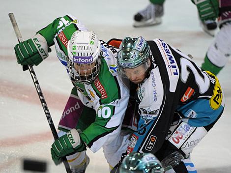 Rob Hisey Linz und Brock McBride, Laibach, EHC Liwest Black Wings Linz vs. HDD Tilia Olimpija Ljubljana, 3. Semifinale