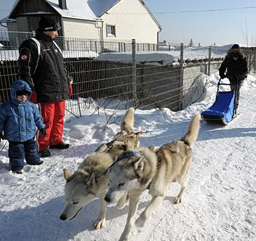 Robert Lukas mit Sohn beobachtet den Start von Adrian Veideman, EHC Liwest Black Wings Linz zu Gast auf der Mountain Wulf Farm