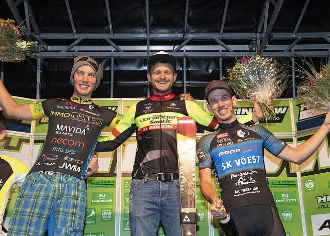 Das Siegerpodest der Elite Herren, v.l. Lukas Kaufmann (AUT, RC Linz), Sieger Daniel Federspiel (AUT, Team Vorarlberg Santic), 3. Maximilian Huber (AUT, SK Voest) MTB, Mountainbike