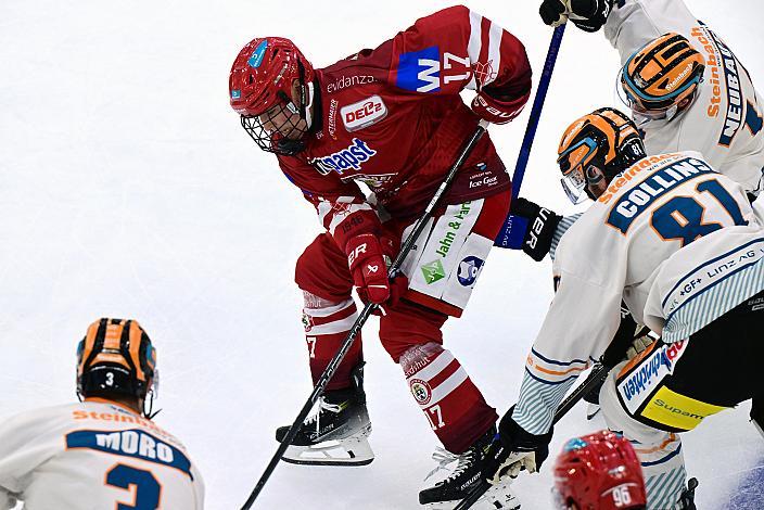 Simon Seidl (EV Landshut), Sean Collins (Steinbach Black Wings Linz) Testspiel, Steinbach Black Wings Linz vs ELV Landshut , Linz AG Eisarena 