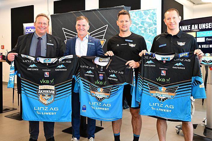 v.l. Präsident OÖ Eishockeyverband Christian Ladberg  , Präsident Peter Nader (Steinbach Black Wings Linz), Head Coach Philipp Lukas (Steinbach Black Wings Linz), Robert Lukas (Nachwuchsleiter Black Wings Linz)Ligastart Pressekonferenz Steinbach Black Wings Linz , Linz AG Eisarena 