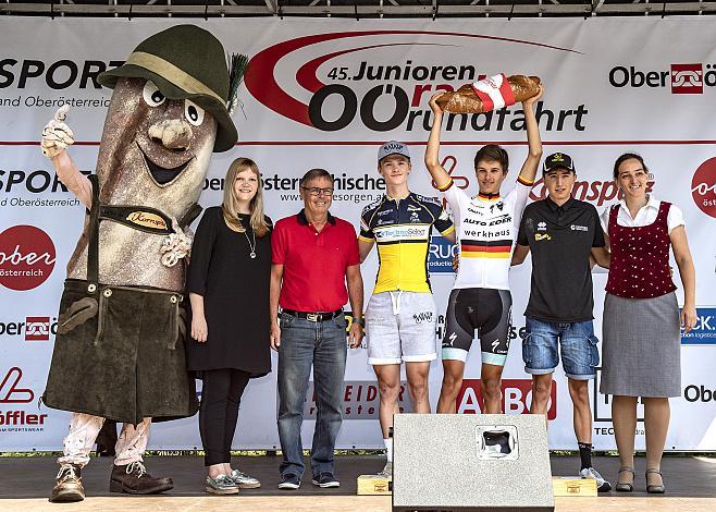 v.l. Podest Gesamt und Tagesergebnis 2. Platz Vegard Stokke (NOR, Willebrord Wil Vooruit), Etappensieger und Gesamtsieger Marco Brenner (GER, Auto Eder Bayern) 3. Platz Edoardo SANDRI (ITA, Campana Imballaggi Rotogal) 3. Etappe Bad Wimsbach - Gmundner Berg, OberÃ¶sterreich Junioren Rundfahrt