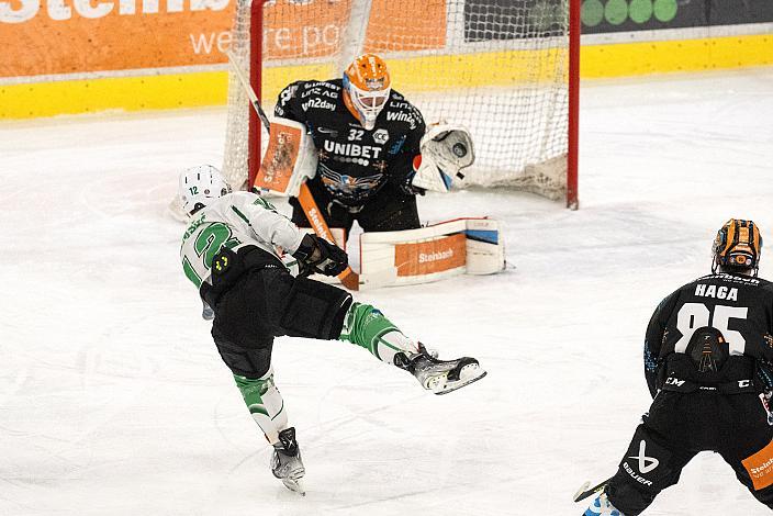 Nik Simsic (HK SZ Olimpija), Tormann Rasmus Tirronen (Steinbach Black Wings Linz)  Steinbach Black Wings Linz vs HK SZ Olimpija, 30. Runde, Trikot Movember, ICE Hockey League, Steinbach Black Wings Linz, Linz AG Eisarena 