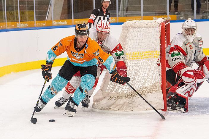 Rafael Rotter (Steinbach Black Wings Linz), Tomas Schmidt (EC Bad Nauheim), Tormann Philipp Maurer (EC Bad Nauheim),  Steinbach Black Wings Linz vs EC Bad Nauheim, Testspiel, Eishockey, Bet at Home ICE Hockey League