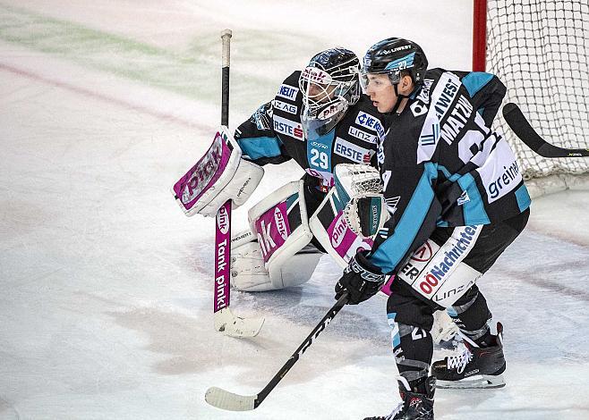 Moritz Matzka (EHC Liwest Black Wings Linz), Tormann Michael Ouzas (EHC Liwest Black Wings Linz) EHC Liwest Black Wings Linz - Graz 99ers, Play Offs, Viertelfinale