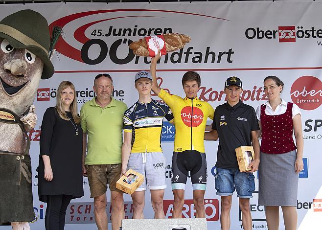 v.l. Podest Gesamt und Tagesergebnis 2. Platz Vegard Stokke (NOR, Willebrord Wil Vooruit), Etappensieger und Gesamtsieger Marco Brenner (GER, Auto Eder Bayern) 3. Platz Edoardo SANDRI (ITA, Campana Imballaggi Rotogal) 3. Etappe Bad Wimsbach - Gmundner Berg, OberÃ¶sterreich Junioren Rundfahrt