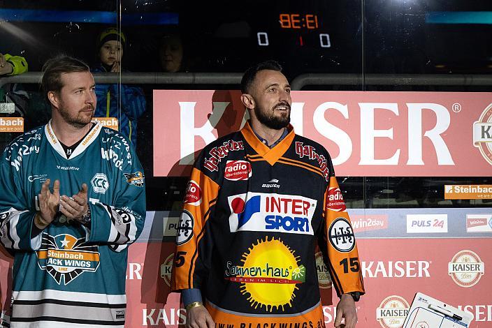 Thomas Pfeffer (Black Wings Legende), Philipp Wieltsch (Black Wings Legende), Steinbach Black Wings Linz vs EC ID Wärmepumpen VSV, 47. Runde, Retro Night, ICE Hockey League, Steinbach Black Wings Linz, Linz AG Eisarena