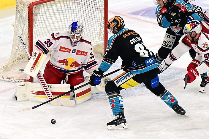 Sean Collins (Steinbach Black Wings Linz) vor Tormann Atte Tolvanen (EC Red Bull Salzburg)  Win2Day ICE Hockey League,  Steinbach Black Wings Linz vs EC Red Bull Salzburg,  Linz AG Eisarena 