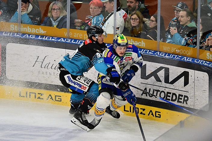 Luka Maver (Steinbach Black Wings Linz), Dylan MacPherson (EC iDM Wärmepumpen VSV) Spiel 2 Pre-Playoffs,  ICE, Steinbach Black Wings Linz vs EC iDM Wärmepumpen VSV, Linz AG Eisarena 