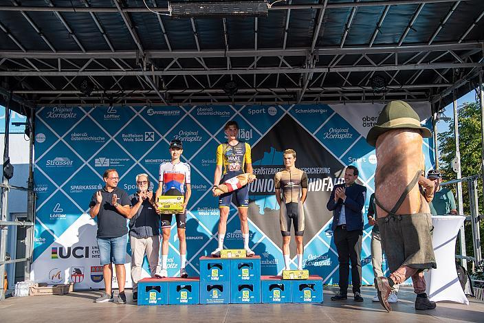 Podest 2. Platz Marek Stiblik (CZE, Roman Kreuziger Academy), Etappensieger Loek Hovers (NED, Willebrord Wil Vooruit), 3. Platz Marko Cickaric (SRB, Lotus Team),  (2. Etappe,  51. Int. Oberösterreich Junioren Rundfahrt, Eberstalzell - Eberstalzell