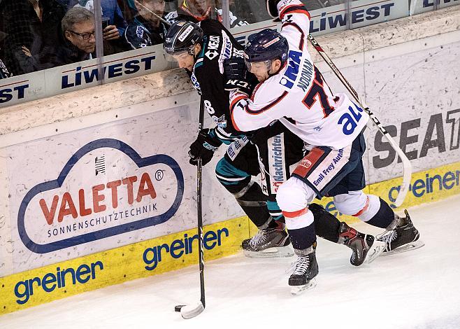 Laurens Ober (EHC Liwest Black Wings Linz), Garrett Noonan (KHL Medvescak Zagreb),  EHC Liwest Black Wings Linz vs KHL Medvescak Zagreb, 1. Viertelfinale