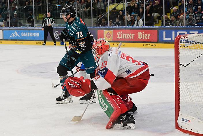 Trenton Bliss (Steinbach Black Wings), Tormann Florian Vorauer (EC KAC), 8. Runde ICE, Steinbach Black Wings Linz vs EC KAC, Linz AG Eisarena 