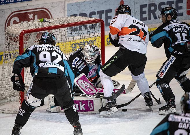 Tormann David Kickert (EHC Liwest Black Wings Linz), Troy Rutkowski (EHC Liwest Black Wings Linz), Ty Loney (Moser Medical Graz 99ers) Spiel 6, EHC Liwest Black Wings Linz - Graz 99ers, Play Offs, Viertelfinale