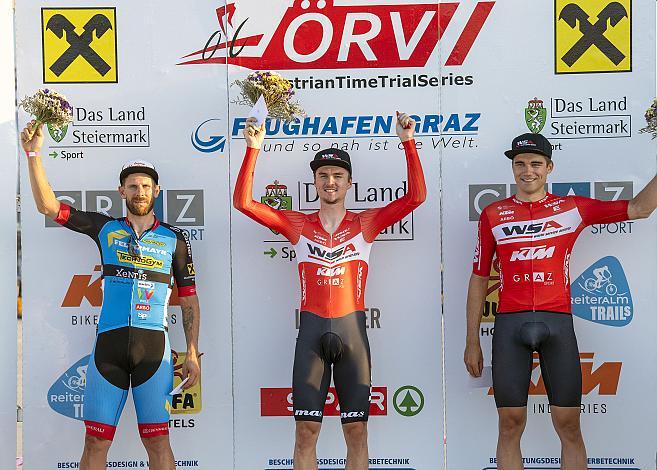 Siegerpodest Herren v.l. 2. Platz Filippo Fortin (ITA, Team Felbermayr Simplon Wels), Sieger Daniel Auer (AUT, Team WSA Graz ARBOE), 3. Platz Felix Ritzinger (AUT, WSA KTM Graz), ATTS, Zeitfahren, Austrian Time Trail Series,  U23, Elite Damen und Herren