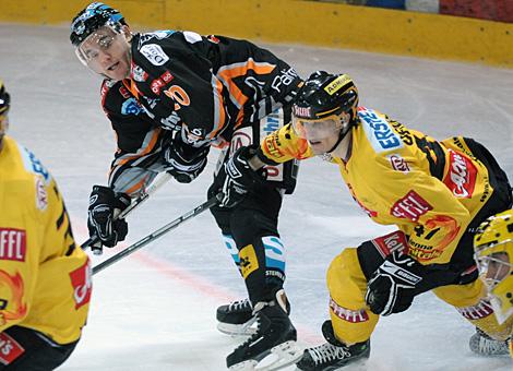 Harald Ofner Vienna Capitals im Duell mit Brad Purdie  Liwest Black Wings Linz 