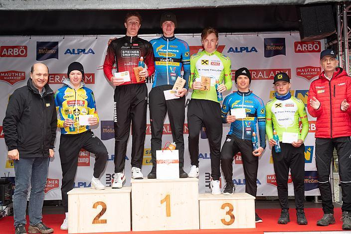 Podest Junioren Sieger Jakob Purtscheller, 2. David Preyler, Radliga, 3. Luca Oberlechner, Einzelzeitfahren Stephanshart, Niederösterreich
