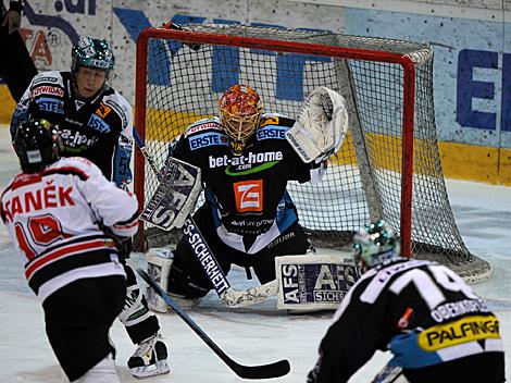 Lorenz Hirn im Tor der Linzer, EHC Liwest Black Wings Linz vs. HC Orli Znojmo, Znaim