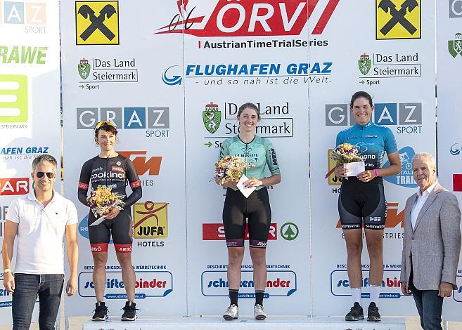 Damenpodest, v.l. 2. Platz Manuela Hartl (GER, Team Cookina ARBOE ASKOE), Siegerin Sandra Gieringer (AUT, La Musette Radunion), 3. Platz  Sanja Herzog GER, TEam Stuttgart), ATTS, Zeitfahren, Austrian Time Trail Series,  U23, Elite Damen und Herren