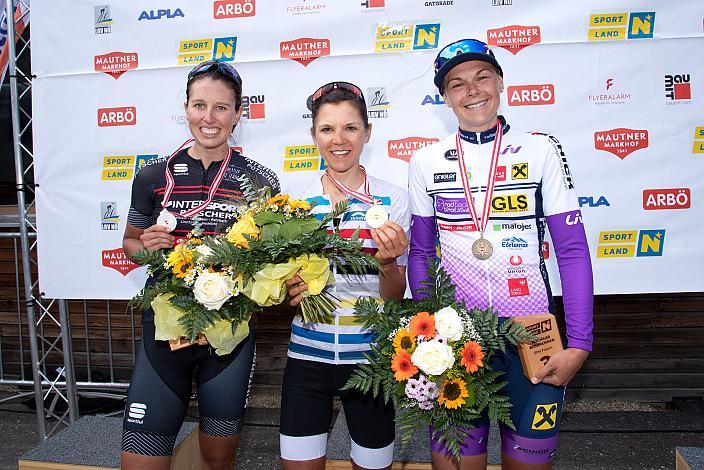 Podest Damen, 2. Platz Sabina Stadler (AUT, Mühl4tler Bike Team), Siegerin Anna Plattner (AUT, Team Physio 1.0 powered by Radsport Steixner), 3. Platz Gabriela Erharter (AUT, Union Raiffeisen Radteam Tirol), NÖ, Österreichsen Meisterschaft Berg, ÖRV RadLiga, Radsport, Radliga, ÖRV, Damen Elite,