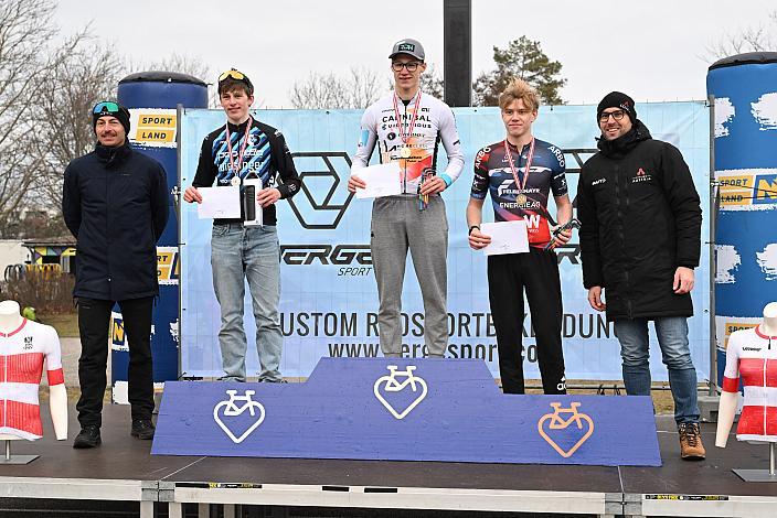 Podest Junioren 2.Platz Michael Hettegger, Sieger Valentin Hofer (AUT, Cannibal B Victorious), 3. Platz Luca Kraus, Rad Cyclo Cross, ÖSTM/ÖM Querfeldein, Ciclo Cross, Cycling Austria, Maria Enzersdorf, NÖ