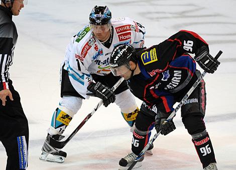Rob Shearer, Liwest Black Wings Linz und glennGodall, ERC Ingolstadt, beim Bully.