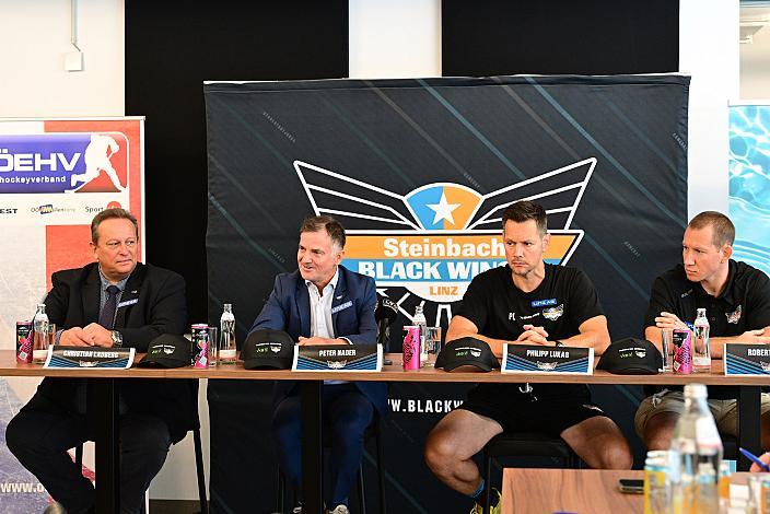 v.l. Präsident OÖ Eishockeyverband Christian Ladberg  , Präsident Peter Nader (Steinbach Black Wings Linz), Head Coach Philipp Lukas (Steinbach Black Wings Linz), Robert Lukas (Nachwuchsleiter Black Wings Linz)Ligastart Pressekonferenz Steinbach Black Wings Linz , Linz AG Eisarena