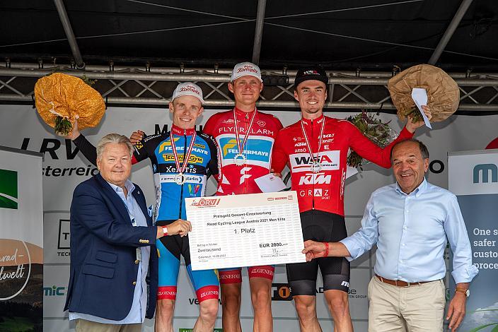 Podest Tadliga Harald J. Mayer (ÖRV, Präsident Österreichischer Radsportverband), 2. Platz Daniel Lehner (AUT, Team Felbermayr Simplon Wels), Sieger Moran Vermeulen (AUT, Team Felbermayr Simplon Wels), 3. Platz Daniel Auer (AUT, WSA KTM Graz), Paul Resch (Präsident LRV Oberösterreich),  Mühlviertler Hügelwelt Classic, Strassenrennen Königswiesen, Radsport