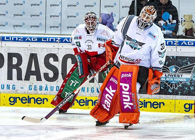 Im Bild: Tormann Scott James Darling (HC TWK Innsbruck  Die Haie), Tormann Jeff Glass (EHC Liwest Black Wings Linz) Eishockey,  EHC Liwest Black Wings Linz vs HC TWK Innsbruck