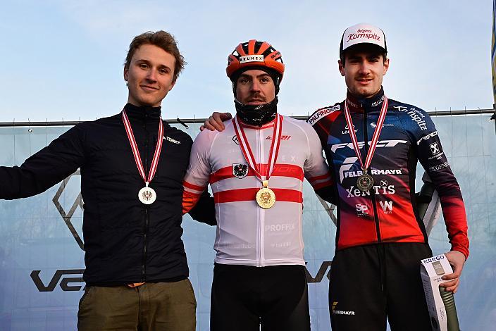 Podest Herren 2. Platz Lukas Hatz (AUT, ARBÖ Radrennteam Graz), Staatsmeister Gregor Raggl (AUT, jb BRUNEX Superior Factory Racing) 3. Platz Dominik Hödlmoser (AUT, Team Felt - Felbermayr), Rad Cyclo Cross, ÖSTM/ÖM Querfeldein, Ciclo Cross, Cycling Austria, Maria Enzersdorf, NÖ
