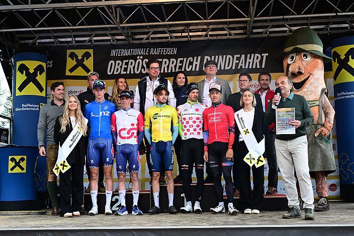 Das Podest mit den Trikotträgern, Tibor del Grosso (NED, Alpecin-Deceuninck Development Team), Lukas Meiler (GER, Team Vorarlberg),  Bester Österreicher 2. Platz Riccardo Zoidl (AUT, Team Felt - Felbermayr), Adrien Maire (FRA, TDT - Unibet Cycling Team) Etappen und  Gesamtsieger der 14. Oberösterreich Rundfahrt , 3. Platz Aaron Dockx (BEL, Alpecin-Deceuninck Development Team), St. Florian - Höss, Hinterstoder , 14. Int. Raiffeisen OÖ-Radrundfahrt UCI Kat. 2.2