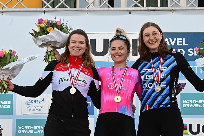 Staatsmeisterin Jana Gigele (AUT, AURUM GRVL Team), 2. Platz AURUM GRVL Team, 3. Platz  Clara Sommer (AUT,  RC ARBÖ SK Voest) Staatsmeisterin 06.04.2025 RAD 2. UCI Woerthersee Gravel Race Damen, Velden am Wörthersee