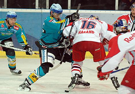 #74 Patrick Oberkofler, Liwest Black Wings Linz im Duell mit der #16 Patrick Harand, Red Bulls Salzburg.