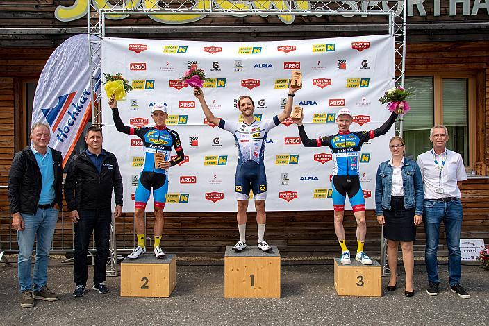 Podest Rennen 2. Platz Riccardo Zoidl (AUT, Team Felbermayr Simplon Wels), Sieger Jack Burke (CAN, Union Raiffeisen Radteam Tirol), 3. Platz Daniel Lehner (AUT, Team Felbermayr Simplon Wels), Hochkar, NÖ, Österreichsen Meisterschaft Berg, ÖRV RadLiga, Radsport, Radliga, ÖRV, Herren Elite, 